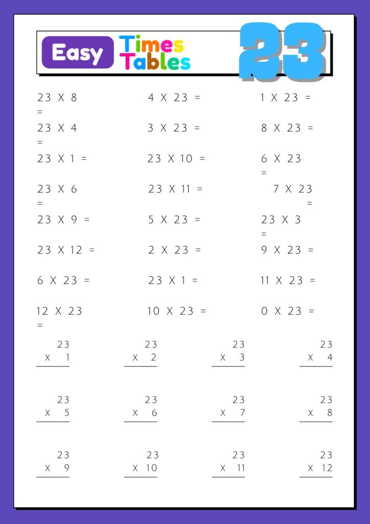 Images with printable exercises of multiplication table 23